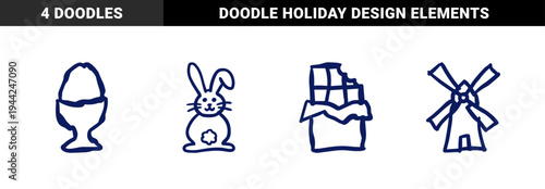 Rustic hand-drawn Easter and Dutch culture elements for organic branding. Naive marker sketch featuring bunny, egg, chocolate, and windmill.