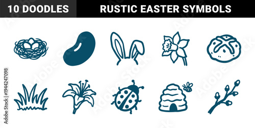 Hand-drawn spring and Easter symbols for organic brand identity. Rustic, naive marker sketch illustrations featuring seasonal nature concepts.