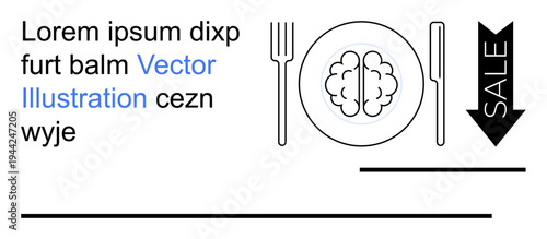 Education, marketing, cognitive science, food for thought, business strategy, nutrition awareness. Brain placed on a plate with cutlery and a sale icon. Education and marketing concept