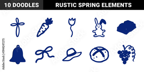 Hand-drawn Easter and spring holiday symbols in a naive doodle style. Rustic marker sketch illustrations for seasonal branding and stationery.