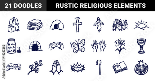 Hand-drawn Easter and Resurrection Sunday religious elements for Christian storytelling. Rustic, naive marker sketch illustrations featuring biblical motifs.
