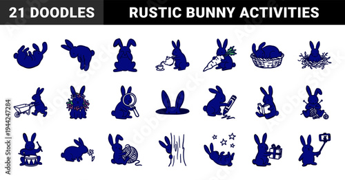 Hand-drawn rabbit character poses and activities in a navy blue silhouette style. Naive doodle bunny illustrations featuring gardening, hobbies, and whimsical daily life.