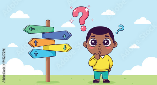 A cartoon boy in a yellow shirt stands thoughtfully beside a multicolored signpost with question marks, set against a blue sky with clouds.