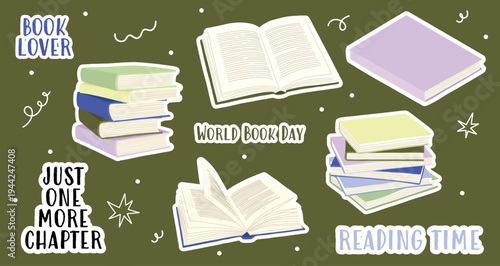 Hand drawn books vector sticker set with open and closed books and stacked book piles. Editable illustrations for World Book Day, book lovers, reading themes, education, posters, stationery, designs