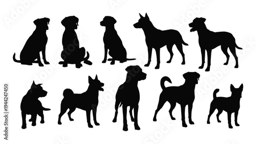 Collection of diverse dog breeds in silhouette form showcasing various sizes and postures
