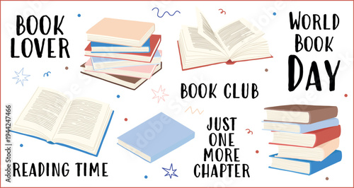 Hand drawn book vector illustration set. Open and closed books, stacks. Book Lover, Book Club, World Book Day, Just One More Chapter, Reading Time. Isolated editable elements on transparent background