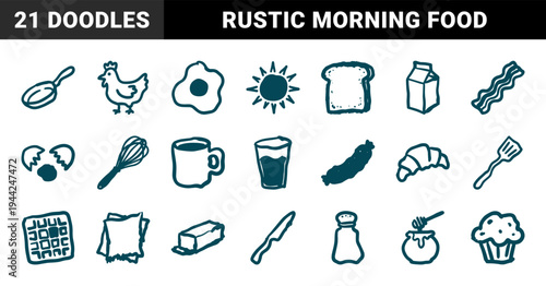 Hand-drawn breakfast and morning cafe elements for organic branding. Rustic, naive marker sketch illustrations featuring brunch and cooking concepts.