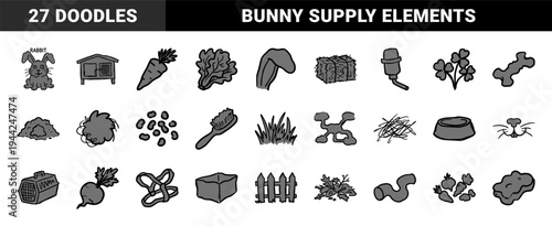 Rabbit care and pet ownership elements for domestic animal branding. Hand-drawn naive marker sketch illustrations of bunny supplies and habitat.