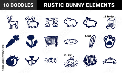Rabbit care and lagomorph anatomy doodles for veterinary branding. Rustic hand-drawn bunny sketches featuring burrows, carrots, and pet supply elements.