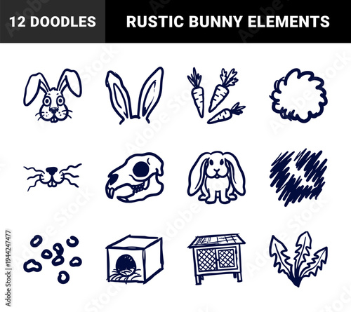 Rabbit husbandry and leporidae biology elements for rustic brand identity. Naive hand-drawn marker sketch illustrations featuring bunny care and anatomy.
