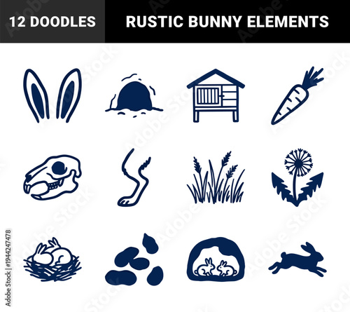 Rabbit and leporid life cycle elements for organic farming brand identity. Rustic, naive marker sketch illustrations featuring bunny breeding and nature concepts.
