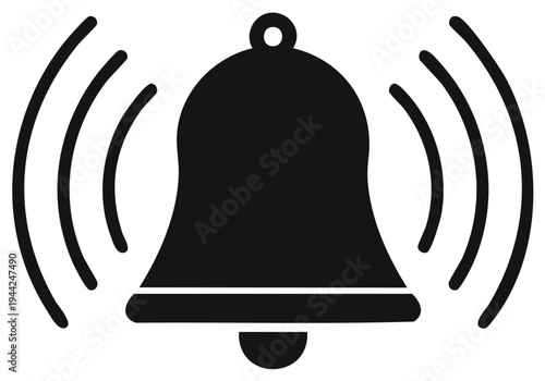 Alerting bell icon with sound waves in black and white vector illustration
