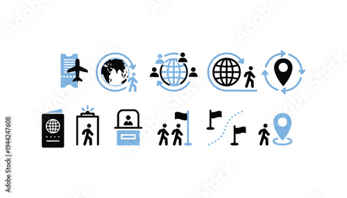 Migration icons set for global travel and immigration concepts
