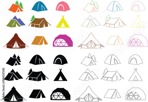 Camping tent icons set outdoor adventure shelter symbols with camp tents, mountain and forest travel elements for hiking tourism nature trip vector illustration design collection group