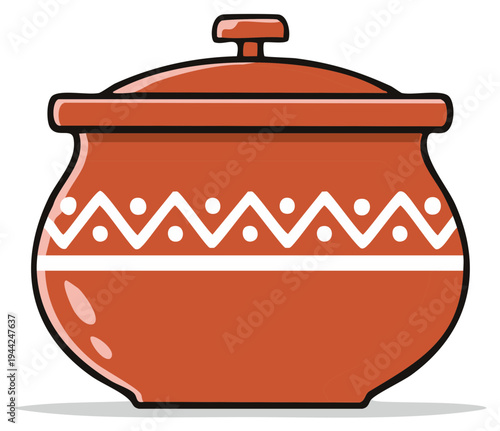 Rustic Terracotta Pot with Lid and White Geometric Design for Cooking or Storage