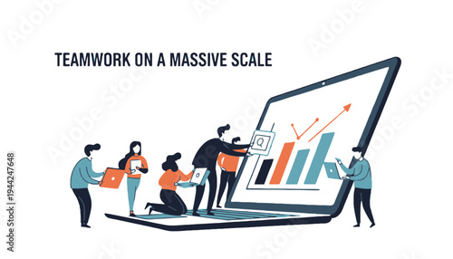 Teamwork on a massive scale with people working on a large laptop
