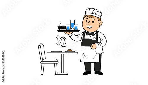 A smiling waiter in a white uniform holding a tray with dishes