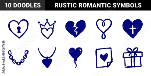 Hand-drawn romantic and sentimental heart elements for rustic brand identity. Naive marker sketch illustrations featuring love and devotion concepts.