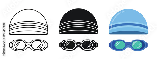 Minimalist Swim Goggles and Cap Icon Set Flat Design - Minimalist, flat icon, outline, glyph, linear, clipart, sticker - Vector icon set - Glyph icon