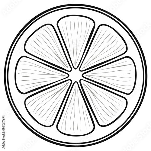 Black and white illustration of a sliced citrus fruit, revealing segments and texture detail.