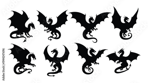 Collection of seven unique black dragon silhouettes in various flying and standing positions