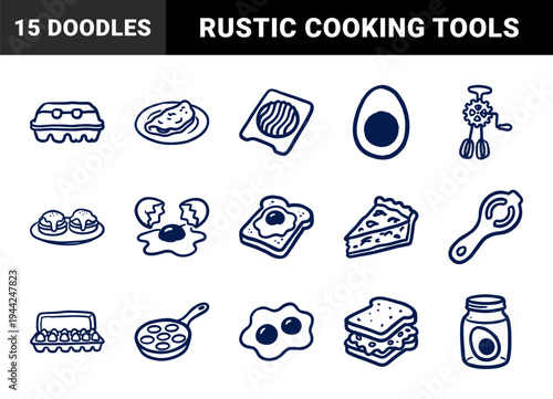 Rustic hand-drawn egg and breakfast preparation elements for culinary branding. Naive marker sketch illustrations featuring poultry products and cooking tools.