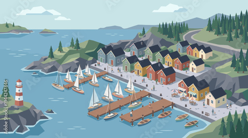 Colorful vector illustration of a tranquil coastal village featuring a harbor filled with sailboats, charming houses, lighthouse, and walking people, perfect for travel or lifestyle content.