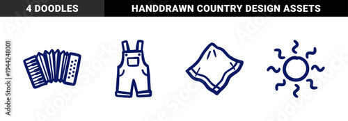 Rustic hand-drawn country life and musical elements for organic branding. Naive indigo marker sketch featuring accordion, overalls, and sun.
