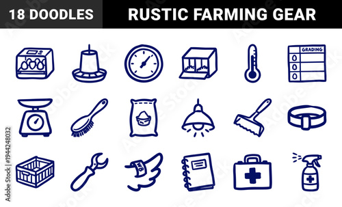 Hand-drawn poultry farming and chicken coop equipment for organic agriculture. Rustic naive marker sketch illustrations of bird husbandry tools.