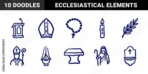 Ecclesiastical and liturgical symbols in a naive hand-drawn marker style. Rustic catholic church elements for religious education and parish branding.