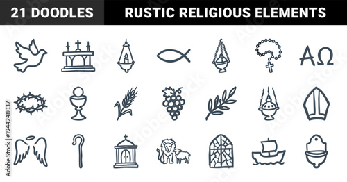 Hand-drawn Christian religious symbols and liturgical elements in a rustic doodle style. Naive marker sketch illustrations for church branding and spiritual storytelling.