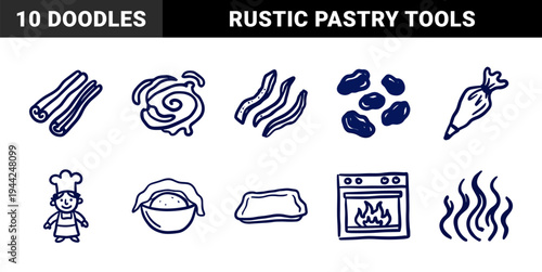 Hand-drawn baking and pastry elements for organic kitchen branding. Rustic naive marker sketch illustrations of cinnamon, dough, and chef.