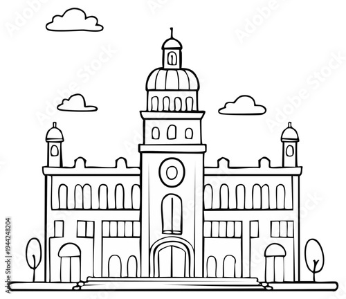 Outlined illustration of a classic building with clock tower and ornamental details against a cloudy sky
