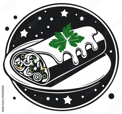 Stylized black and white illustration of a gourmet burrito with sauce and parsley on a starry background