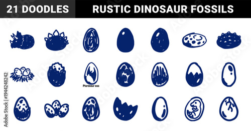 Prehistoric dinosaur eggs and fossilized nest elements for paleontology branding. Crude hand-drawn marker sketch illustrations featuring hatching shells and embryos.