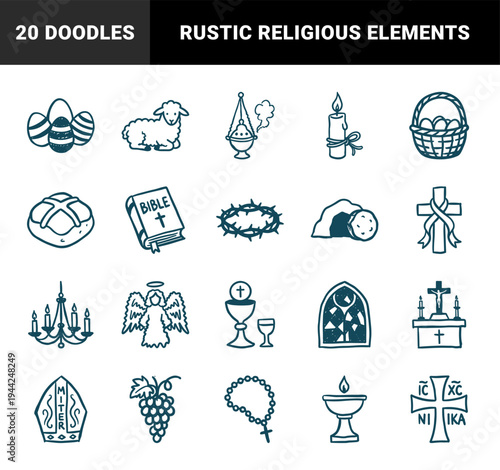 Hand-drawn Christian liturgical and Easter elements in a rustic naive doodle style for religious branding and church community outreach.