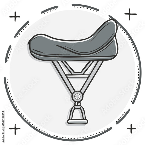 Hand-drawn illustration of a bicycle saddle on a stand, symbolic of cycling and sports.