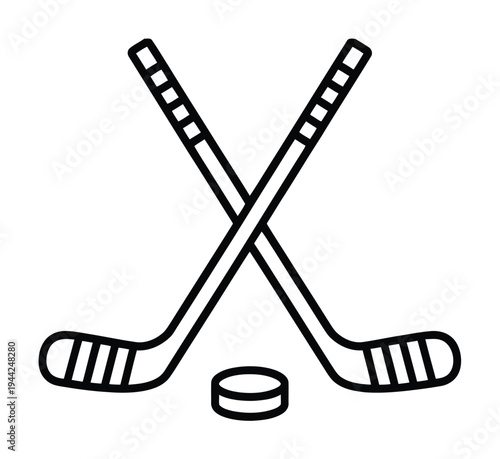 Simple Line of Two Crossed Hockey Sticks and a Puck
