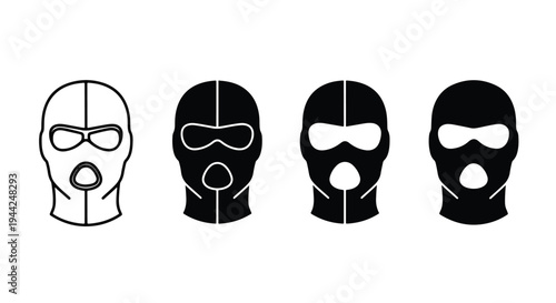 Black Mask Icon Set with Goggles and Breath Hole Variations - Minimalist, flat icon, outline, glyph, linear, clipart, sticker - Vector icon set - Glyph icon