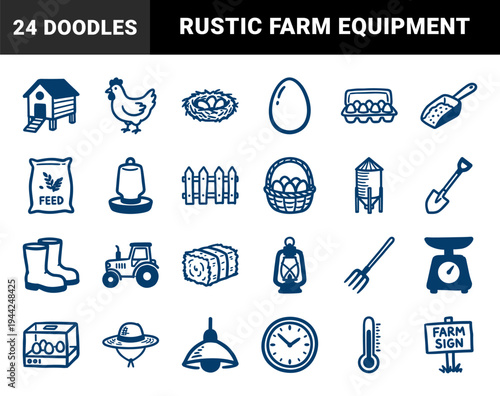 Chicken farming and poultry production elements for rustic brand identity. Naive marker sketch illustrations featuring organic egg farm concepts.