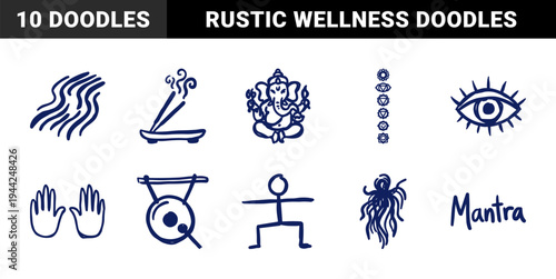 Hand-drawn spiritual and wellness elements in a naive marker sketch style. Rustic, crude blue ink doodles featuring yoga, meditation, and zen concepts.