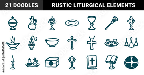 Hand-drawn Christian liturgical items and Catholic mass elements. Rustic, naive marker sketch illustrations featuring sacred church vessels and religious symbols.