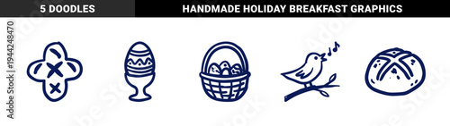 Hand-drawn Easter holiday and spring morning breakfast doodles featuring rustic egg cup, hot cross buns, woven basket, and singing bird.