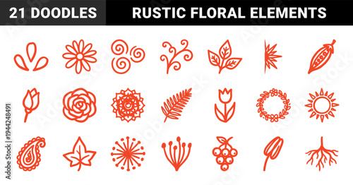 Hand-drawn botanical doodles and organic floral elements for rustic brand identity. Naive marker sketch illustrations of leaves, seeds, and blooms.