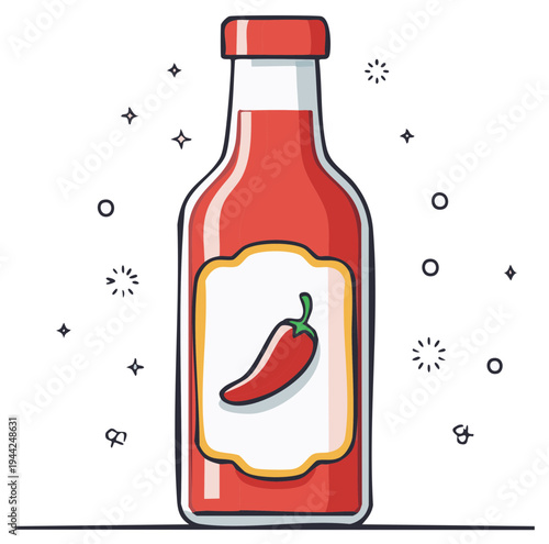 Red Hot Sauce Bottle Illustration with Pepper Icon and Sparkling Accents