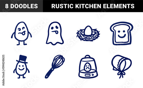 Hand-drawn whimsical egg characters and breakfast kitchen tools in a naive marker sketch style. Rustic blue doodle illustrations for organic cafe branding.