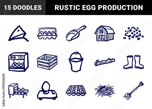 Hand-drawn poultry farming and egg production elements in a rustic naive marker sketch style. Organic backyard chicken coop and hatchery doodles.