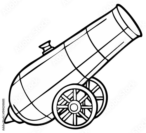 Illustration of a vintage cannon artillery piece military history gun powder cannon outline drawing design old fashioned style for coloring page