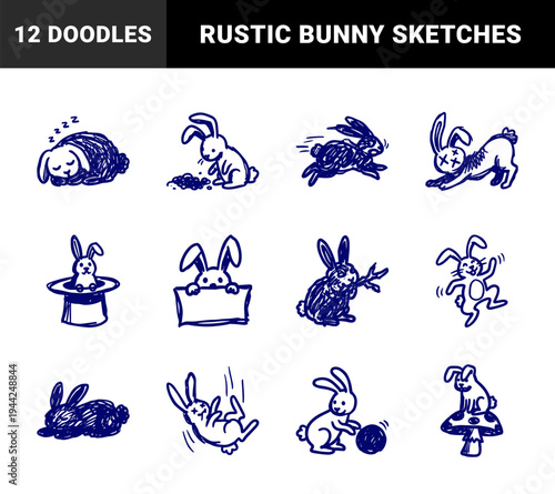 Hand-drawn rabbit character doodles with naive marker sketch aesthetic. Playful bunny illustrations featuring magic, nature, and sleep concepts.