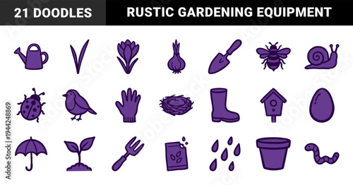 Hand-drawn spring gardening and backyard nature elements for organic brand identity. Rustic, naive marker sketch illustrations featuring planting and horticulture concepts.